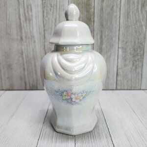 Vintage Lusterware Porcelain Storage Jar with Floral Design Blue and Pink